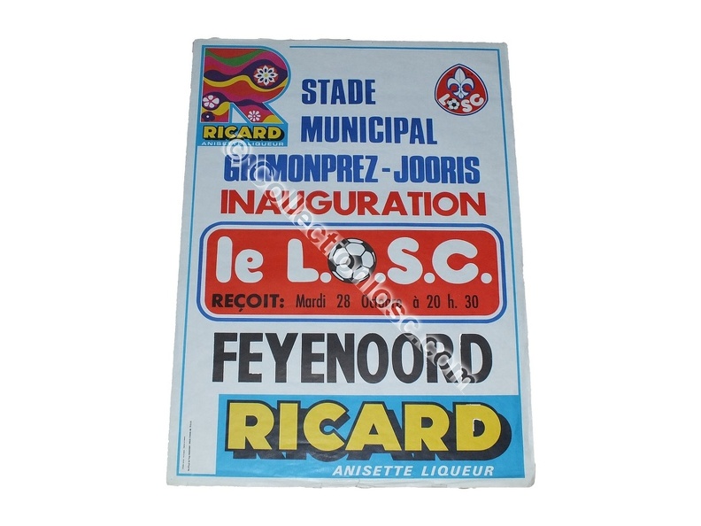 Affiche foot vintage Inauguration GRIMONPREZ-JOORIS LILLE LOSC FEYENOORD ROTTTERDAM 1975/1976