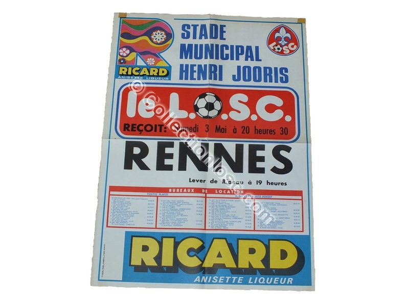 Affiche foot ancienne LILLE LOSC SRFC RENNES 1974/1975