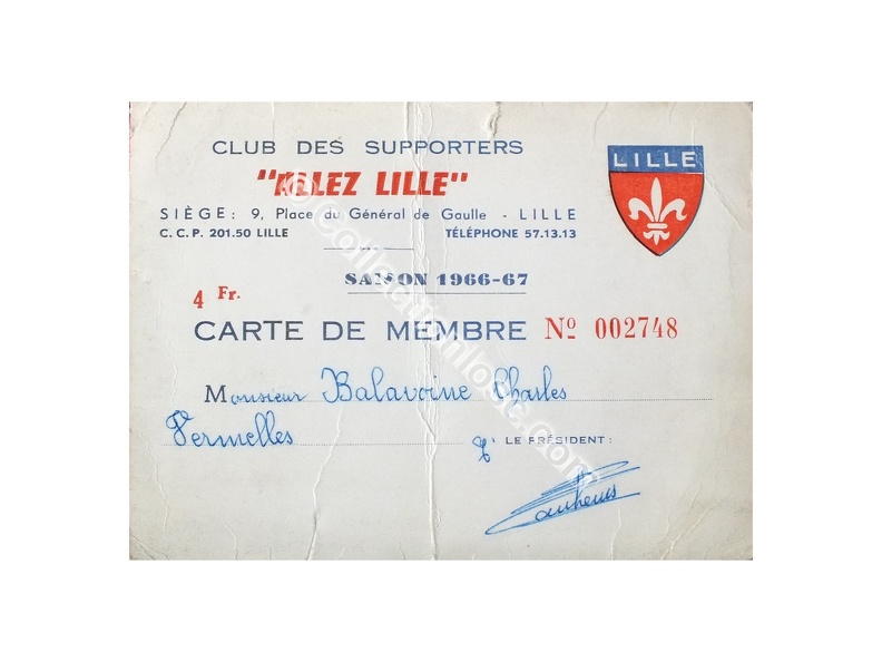 Carte abonné foot LILLE LOSC supporters 1966/1967