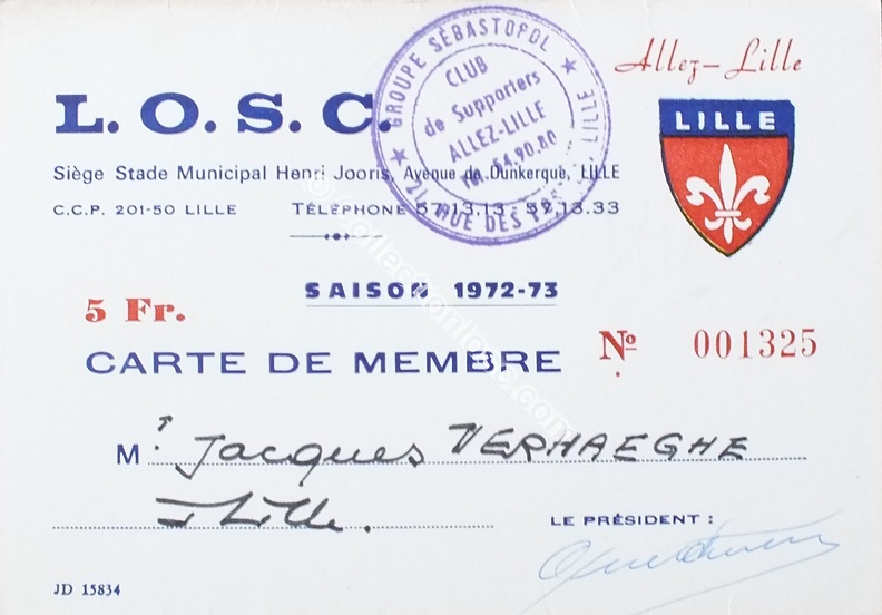 Carte abonné foot LILLE LOSC supporters 1972/1973